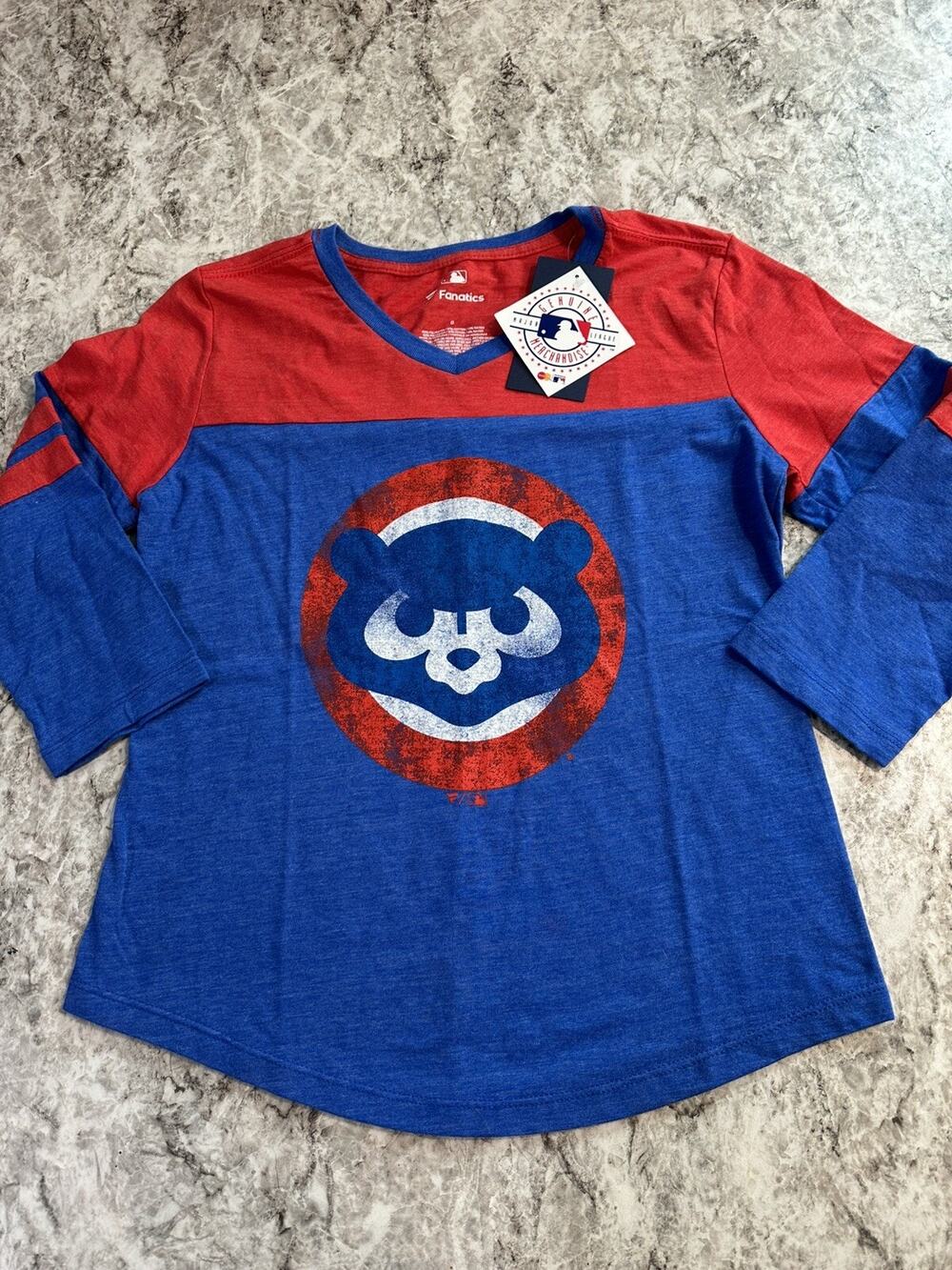NWT Women’s Fanatics Chicago Cubs Tri-blend Distressed Logo Tee Small 3/4 Sleeve